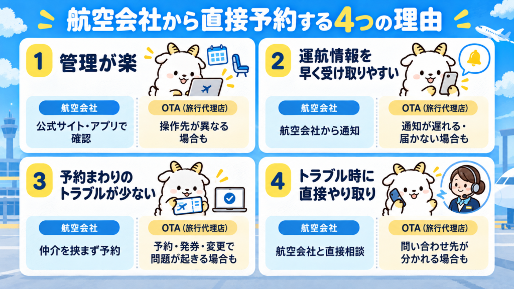 航空会社から直接予約する4つの理由（管理が楽・運航情報を早く受け取りやすい・予約まわりのトラブルが少ない・トラブル時に直接やり取りできる）