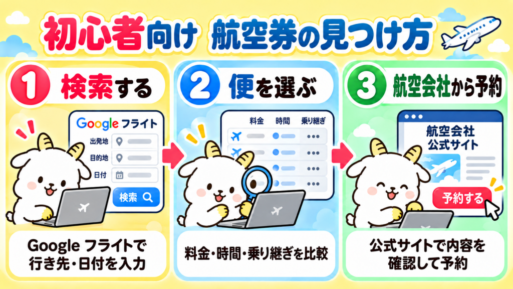 初心者向け航空券の見つけ方3ステップ（Googleフライトで検索・便を選ぶ・航空会社から予約）