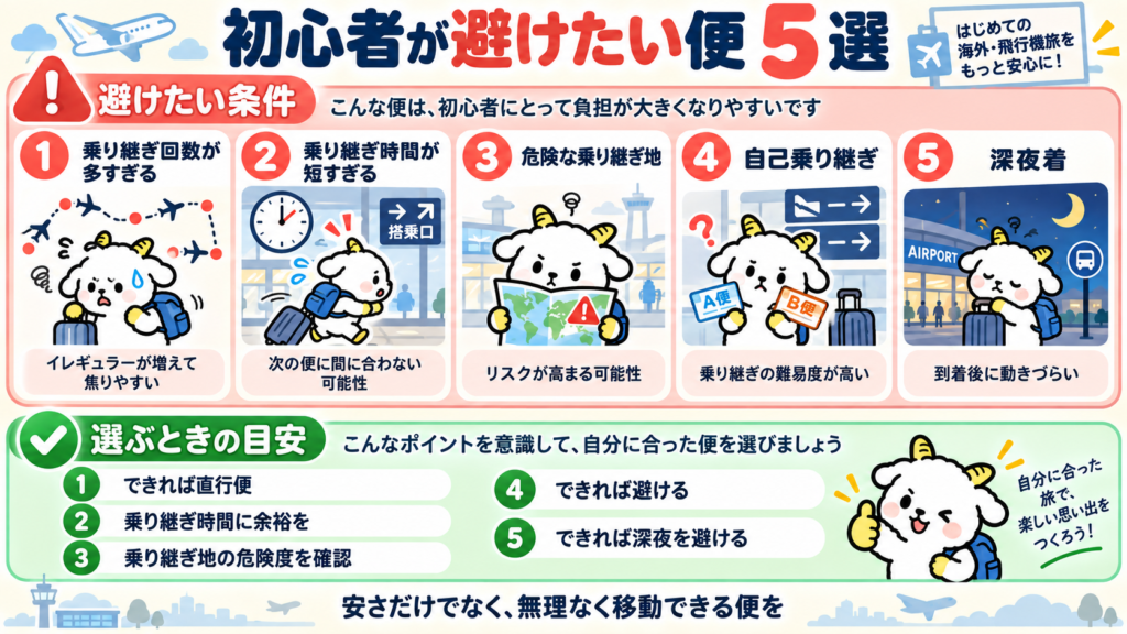 初心者が避けたい便5選（乗り継ぎ回数が多い・乗り継ぎ時間が短い・危険な乗り継ぎ地・自己乗り継ぎ・深夜着）