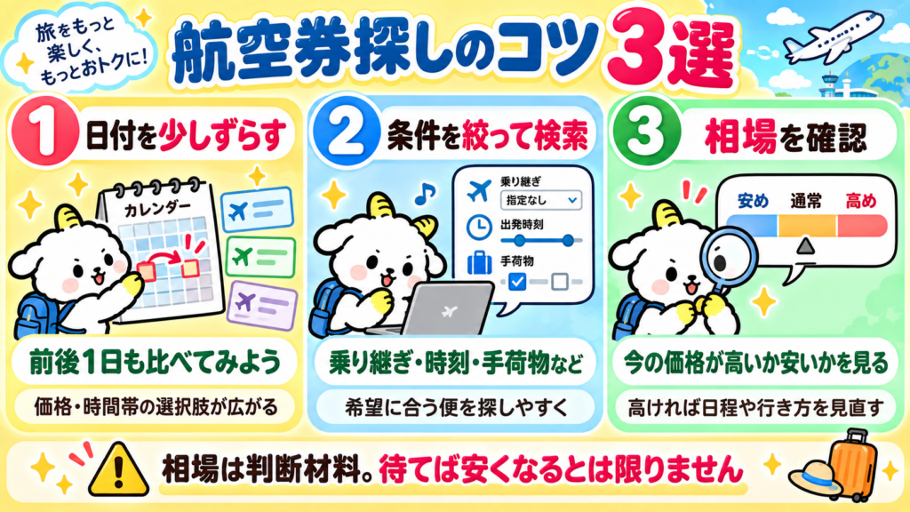 航空券探しのコツ3選（日付を少しずらす・条件を絞って検索・相場を確認）