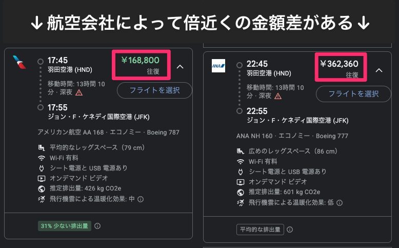 同じ路線でも航空会社によって航空券の金額が倍近く違う例（Googleフライト）