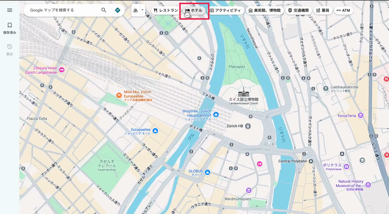 地図の上にある「ホテル」ボタンを押す